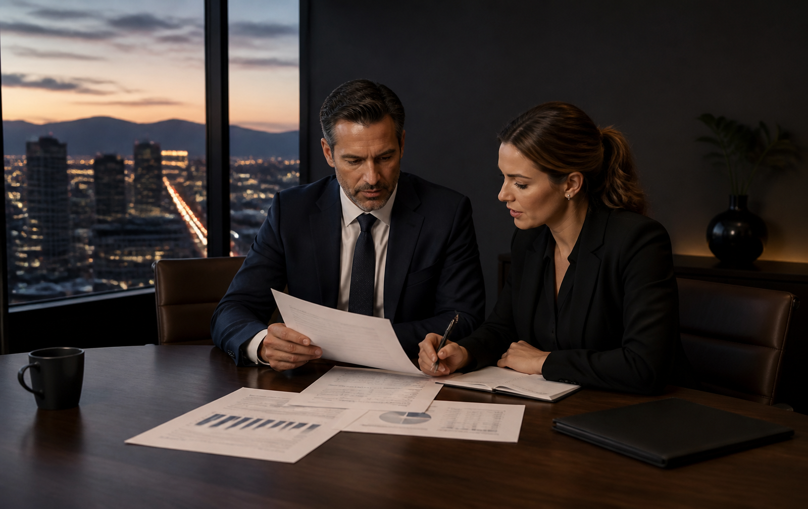 Two advisors reviewing cannabis financial documents together in a dark advisory office overlooking a city at dusk
