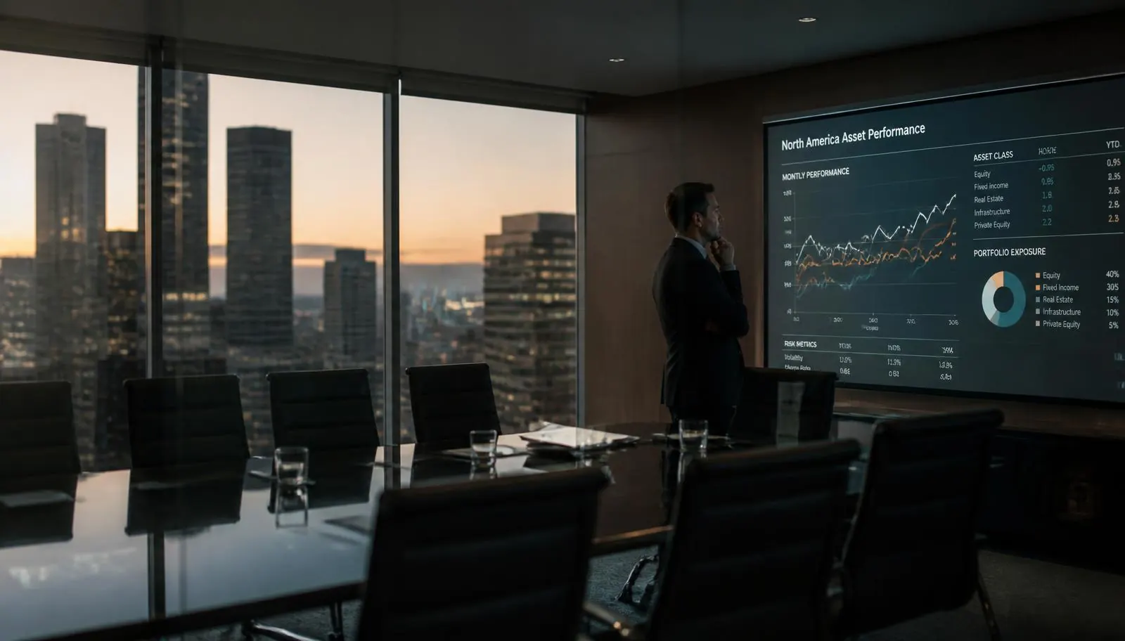 Fractional CFO strategy session reviewing cannabis financial projections in a glass boardroom at dusk