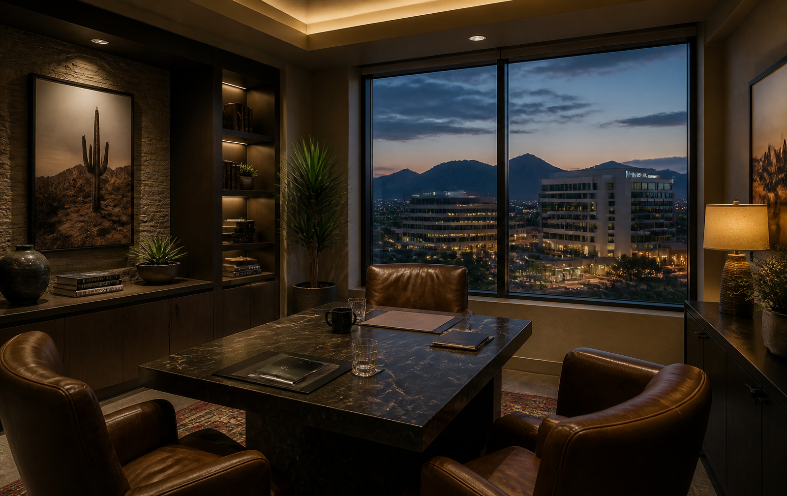 Private consultation office with leather chairs and a dark table set for a cannabis accounting meeting