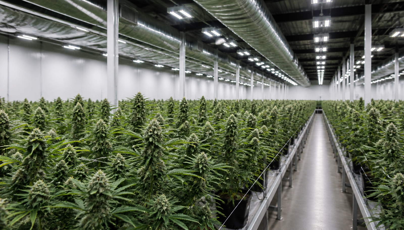 Licensed Arizona cannabis cultivation facility with rows of plants under commercial grow lighting
