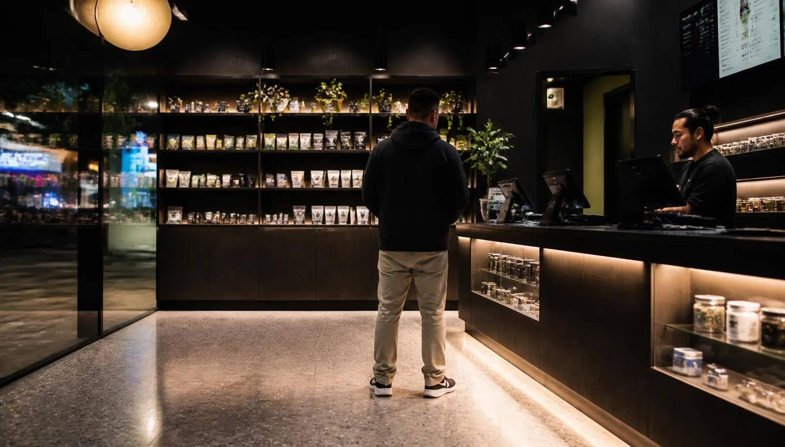 Modern dual-licensed Arizona cannabis dispensary interior with dark wood and backlit display casework