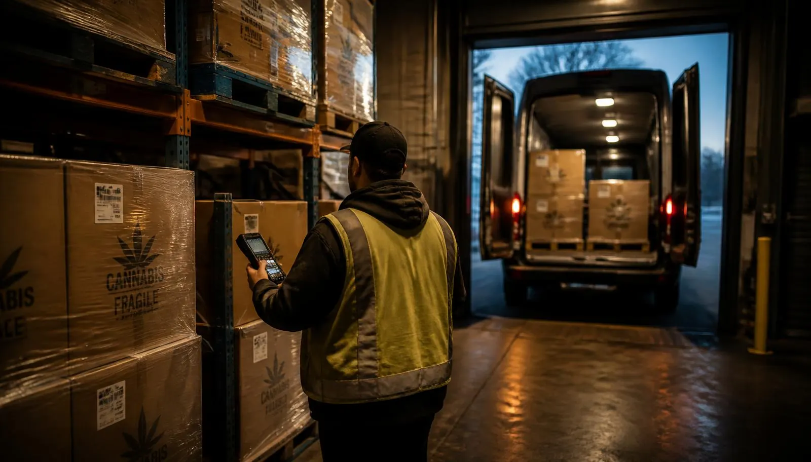 Cannabis distribution warehouse with palletized inventory, secure racking and a delivery vehicle bay
