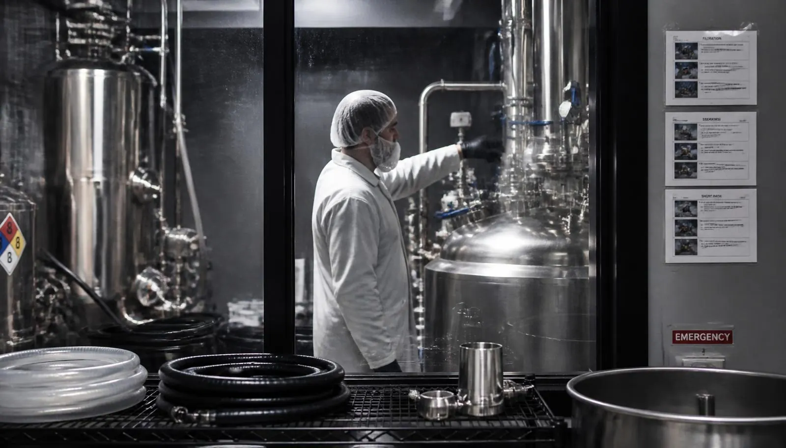 Cannabis manufacturing and extraction facility with stainless steel processing equipment behind clean-room glass